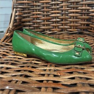 Coach Green Patent Leather Flats with Gold LEANA Patent Peep-Toe Flats
Size: 7.5